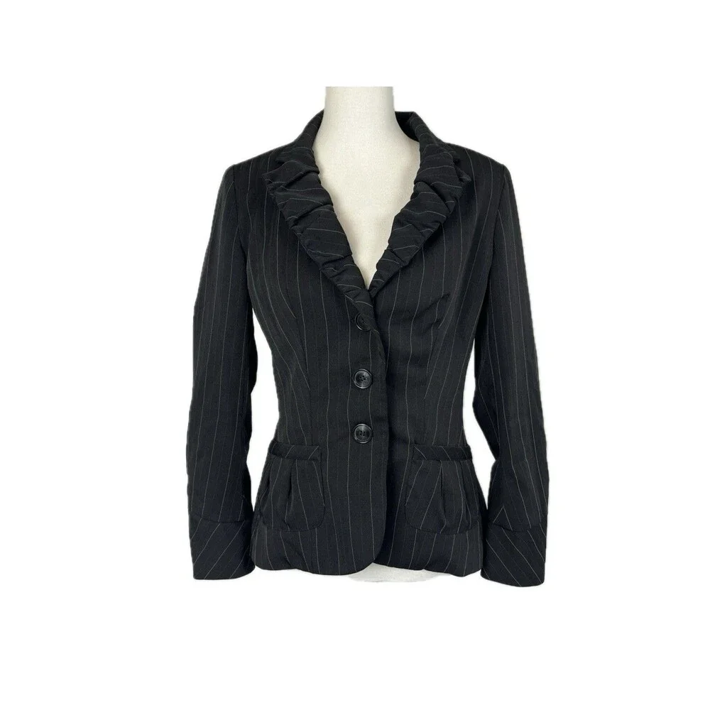 Bisou Bisou Steampunk Pin Striped Blazer Sz 10 Rouched Sleeve Workwear Office